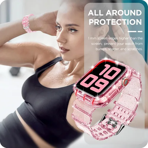 Vista 125 de DABAOZA - Correa transparente compatible con Apple Watch con estuche protector, correa deportiva de TPU con brillo para mujeres y hombres