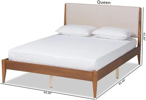 Vista 3 de Baxton Studio Lenora Mid-Century - Cama de plataforma tapizada de tela beige y acabado marrón nogal, tamaño matrimonial