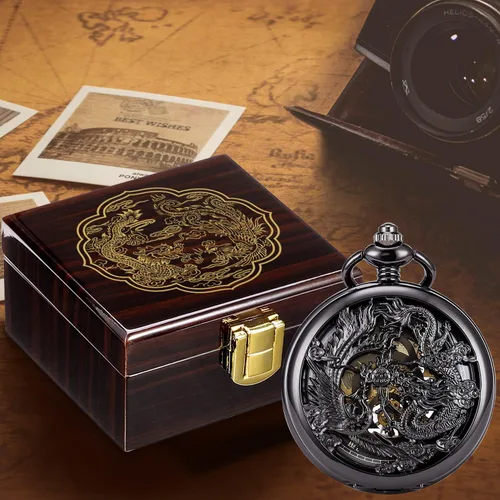 Vista 6 de ManChDa - Reloj de bolsillo mecánico antiguo para hombres Lucky Dragon & Phoenix Retro Skeleton Dial con cadena