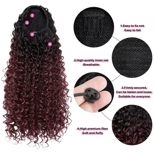 Vista 4 de Extensiones de cabello rizado con cordón para mujeres negras, 16 pulgadas de largo, sintético, afro, esponjoso, en capas, extensión de cola