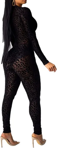 Vista 2 de Uni Clau - Mono para mujer, entallado, translúcido, de una pieza, con cuello en V profundo, de malla enteriza estampada de leopardo, para discotecas