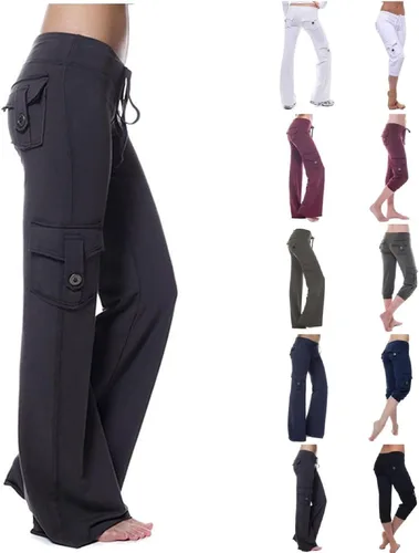 Vista 3 de Pantalones cargo de yoga para mujer, cintura alta, elásticos, acampanados, casuales, pierna ancha, pantalones deportivos de entrenamiento