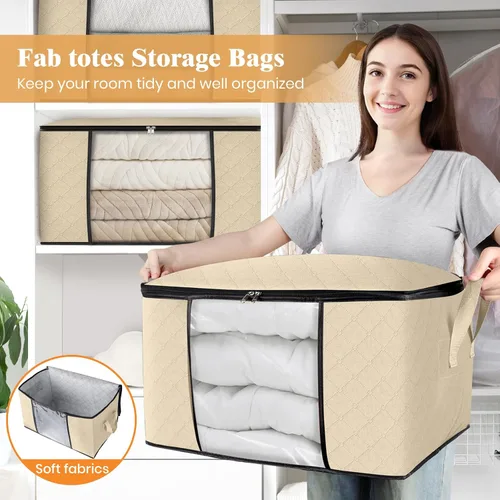 Vista 5 de Fab totes Paquete de 3 bolsas de almacenamiento plegables de tela gruesa, contenedores para organizar dormitorio, armario, ropa, edredón, Beige