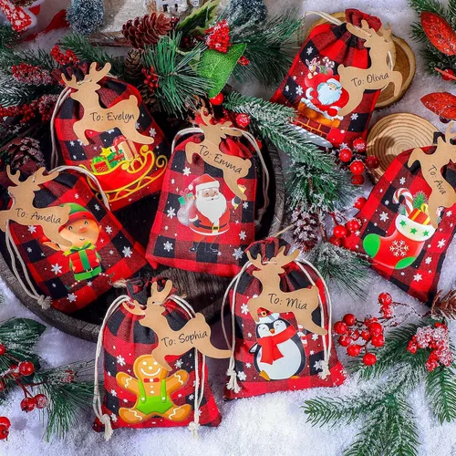 Vista 3 de Shappy 48 bolsas de Navidad con cordón, bolsas de arpillera a cuadros Buffalo de Navidad, bolsas de lino para golosinas, sacos para regalos