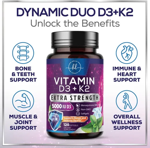 Vista 6 de Vitamina D con K2 (MK-7) – Vitamina D3 5000IU (125 mcg) por porción – Suplemento complejo D3K2 para huesos, dientes, músculos, absorción de calcio