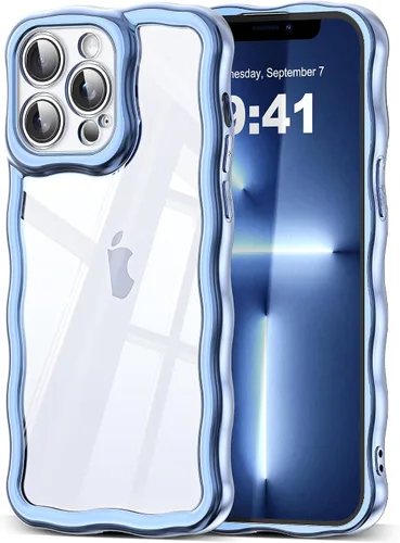 Vista 131 de SKYLMW Funda compatible con iPhone 12 Pro, diseño de ondas rizadas kawaii, borde chapado de lujo, elegante parte trasera transparente brillante, TPU