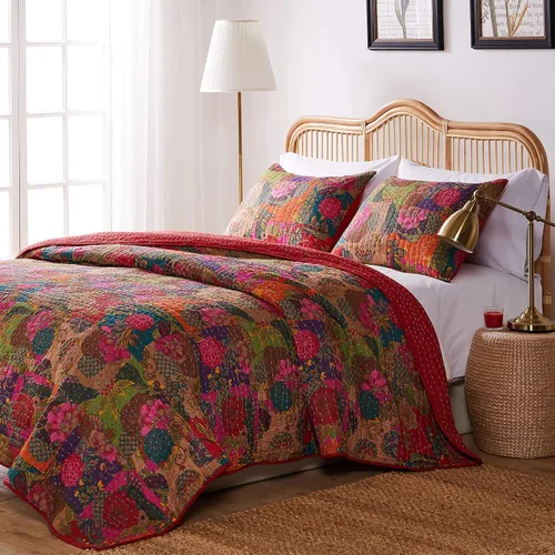 Vista 2 de Greenland Home Jewel Kantha - Juego de cama reversible acolchado 100% algodón, tamaño individual (2 piezas), color rojo