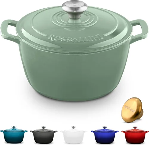 Vista 14 de ROSSALLINI Olla Holandesa de Hierro Fundido Esmaltada con Firma, Olla de Servir Antiadherente con Tapa de Cierre Hermético para Asado Perfecto Azul