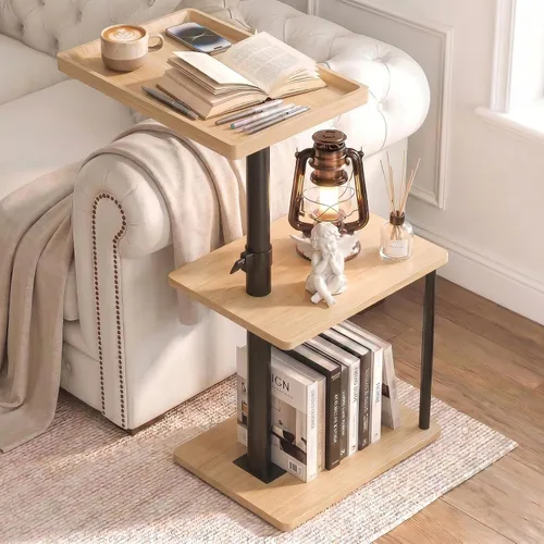 Vista 16 de Faesun Mesa auxiliar de mesa C de altura ajustable, bandeja giratoria de 360° para espacios pequeños, mesita de noche pequeña para sala de estar