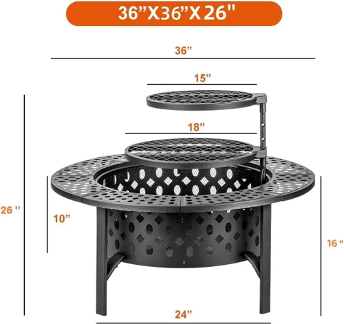 Vista 6 de OutVue Fogata de 36 pulgadas con 2 parrillas, fogata de leña para exteriores con tapa, atizador y cubierta redonda impermeable, barbacoa y hoguera