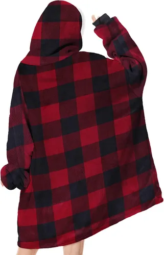Vista 5 de American Trends Wearable Blanket Hoodie, Oversized Sherpa Warm Hoodie Blanket Thick Sweatshirt, Gift for Women Men Girls Tela a cuadros roja y negra