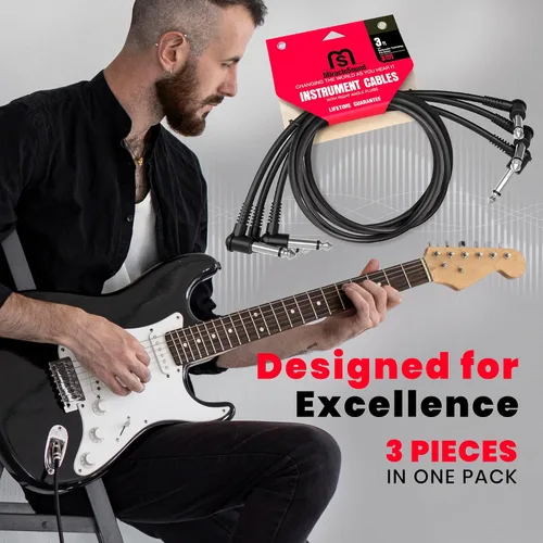 Vista 6 de Miracle Sound Cable de guitarra de 3 pies para efectos de pedalera con enchufe de ángulo recto, ideal para guitarra eléctrica y bajo, cable