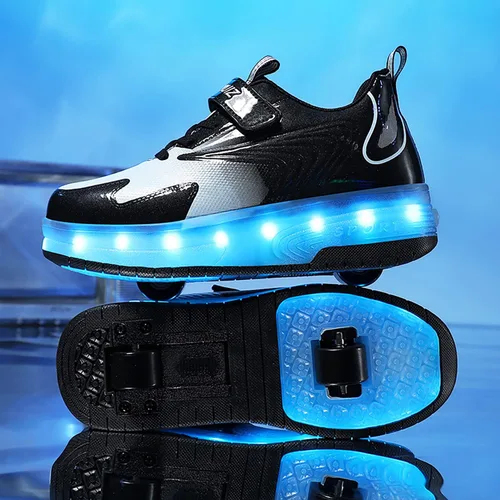 Vista 6 de HHSTS Zapatos para niños con ruedas, zapatos de color de luz LED, patines brillantes, zapatos de patinaje, regalos simples para niños y niñas
