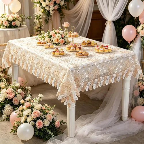Vista 10 de Mantel de encaje rectangular elegante bordado para boda, banquete, fiesta de cumpleaños, mesa de comedor formal, cubierta a prueba de polvo