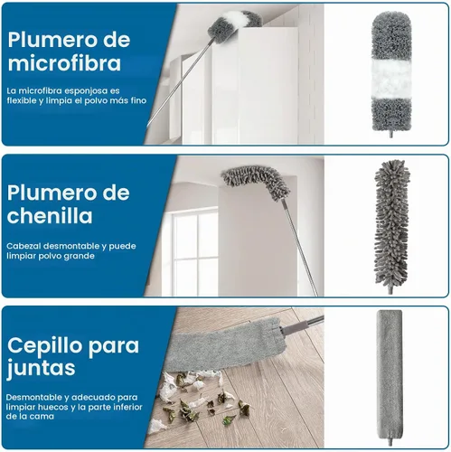 Vista 3 de Plumero de microfibra, 4 piezas con poste de extensión (acero inoxidable) de 30 a 100 pulgadas, plumeros reutilizables y flexibles, lavables