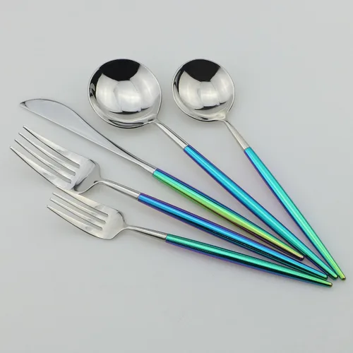Vista 2 de Juego de cubiertos Coloful Rainbow Handle Silver de 5 piezas, espejo de acero inoxidable 18/10, servicio para 1 plateado
