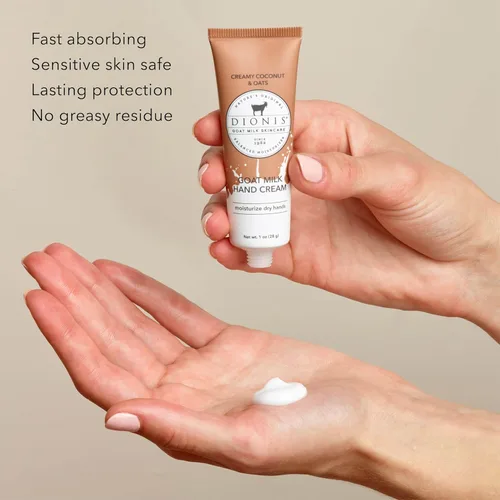 Vista 3 de Dionis Crema de manos de leche de cabra – Loción hidratante para piel seca, segura para pieles sensibles – Crema cremosa de coco y avena 1 oz