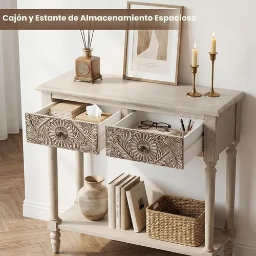 Vista 5 de HOMPUS Mesa consola con 2 cajones y 1 estante, mesa de entrada rectangular estrecha, mesa de sofá decorativa antigua y contemporánea para sala