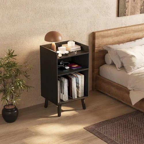 Vista 6 de Soporte para tocadiscos, plataforma giratoria con almacenamiento de discos y estación de carga y puertos USB, mesa para tocadiscos con divisor