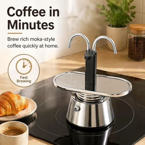 Vista 4 de Olla de Moka de Acero Inoxidable, Cafetera de Espresso de 2 Tazas para Estufa con Doble Boca, Fácil de Operar, Prepara Café Rápidamente, Olla