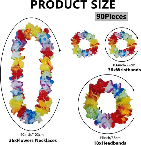 Vista 4 de Mowane 48 piezas de Leis hawaianos gruesos a granel, flores tropicales, 12 diademas, 24 pulseras, 12 collares florales para suministros de fiesta