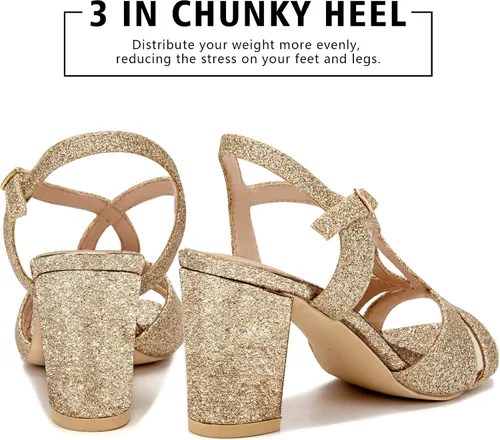 Vista 2 de Sandalias de tacón grueso con purpurina para mujer, tacón grueso, puntera abierta, tacones brillantes, vestido de boda, fiesta, tacón alto