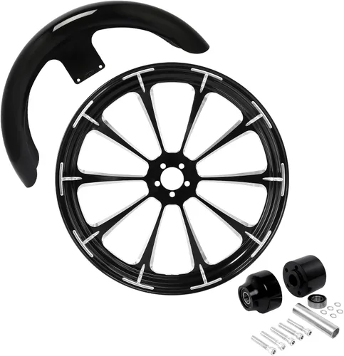 Vista 113 de TCMT Llanta de rueda delantera de 21", buje de rueda de brida de doble disco con guardabarros delantero negro sin pintar, compatible con modelos