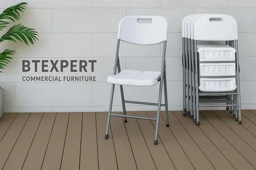Vista 2 de BTEXPERT Silla plegable blanca con marco de acero, silla plegable comercial resistente, asiento de plástico HDPE, silla de eventos para interiores