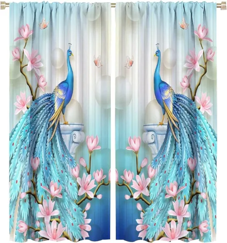 Vista 28 de Cortinas opacas de pavo real, hermoso patrón de estampado de flores de pavo real azul, estampado de mariposas y pavo real, juego de 2 paneles