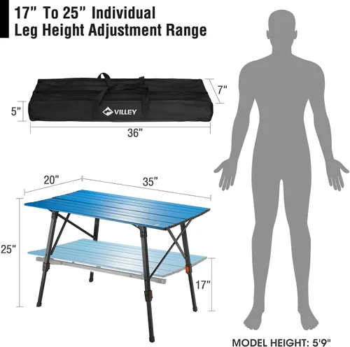 Vista 3 de Mesa de camping portátil VILLEY con patas ajustables, mesa de playa ligera de aluminio plegable con bolsa de transporte para cocinar al aire libre