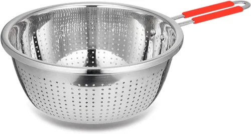 Vista 11 de Colador Profundo de Acero Inoxidable Microperforado de 2.5 Quart, Colador de Alimentos de Metal con Asas de Silicona Verde para Drenar Pasta