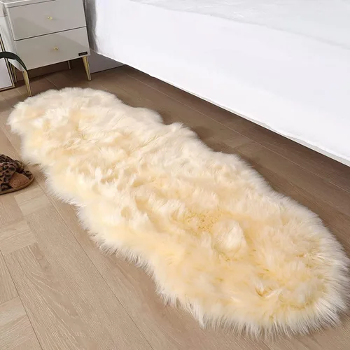 Vista 3 de Alfombra de piel sintética de 2 x 6 pies, color beige, lavable a máquina, súper suave, esponjosa, alfombra de piel de oveja mullida para dormitorio