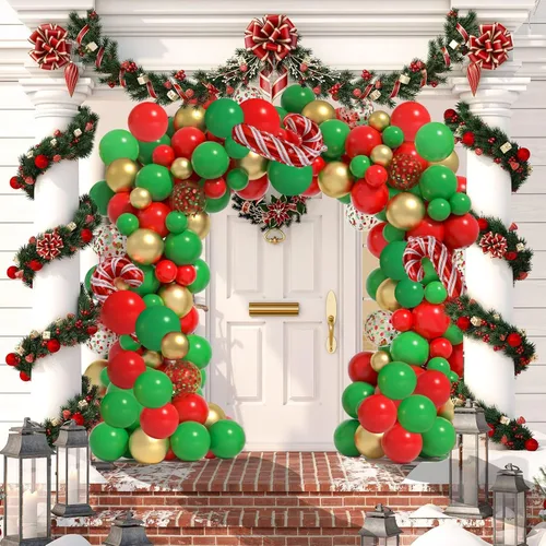Vista 6 de Kit de arco de guirnalda de globos de Navidad, 116 globos de confeti dorados, rojos y verdes con globo de aluminio de bastón de caramelo