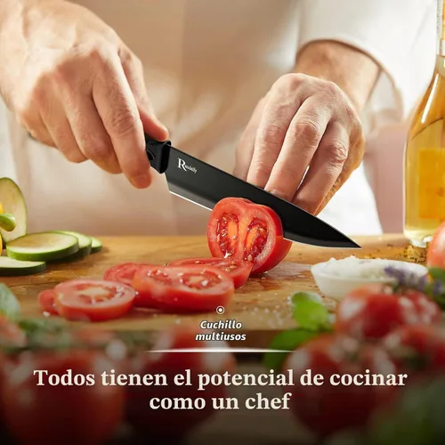 Vista 4 de Juego de cuchillos de cocina con bloque, 7 cuchillos de chef, tijeras, para picar carne/verduras/frutas, rebanar, cortar en cubitos y cortar