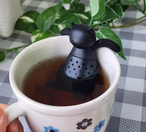 Vista 2 de Infusor de té de silicona, colador de té para hojas sueltas, temperatura máxima. 446 ℉, sin BPA (gato negro)