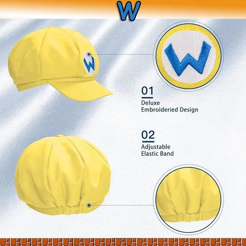 Vista 2 de Disfraz de cosplay de Halloween incluye sombrero amarillo unisex para adultos y niños, gorra morada, bigote, guantes, botones, tirantes accesorios