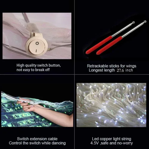 Vista 5 de Alas LED Isis para danza del vientre, alas iluminadas para adultos, 300 cuentas de lámpara brillantes con palos telescópicos para mujeres, niños