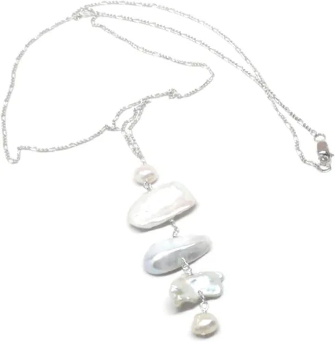 Vista 4 de Collar de cadena grande de perlas cultivadas de agua dulce Kishi Biwa de plata esterlina con relleno de oro