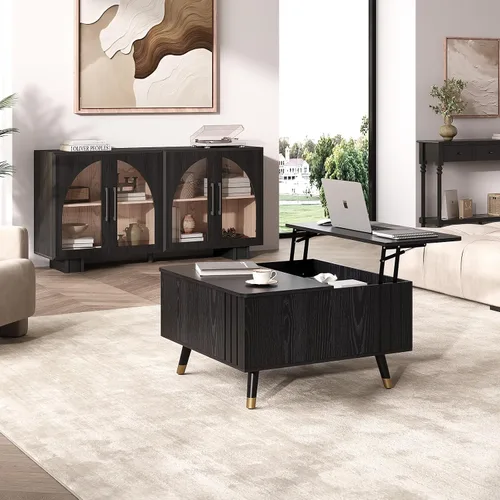 Vista 7 de Mesa de centro elevable con almacenamiento, mesa central negra de 32 pulgadas para sala de estar, mesa de comedor cuadrada con patas de madera maciza
