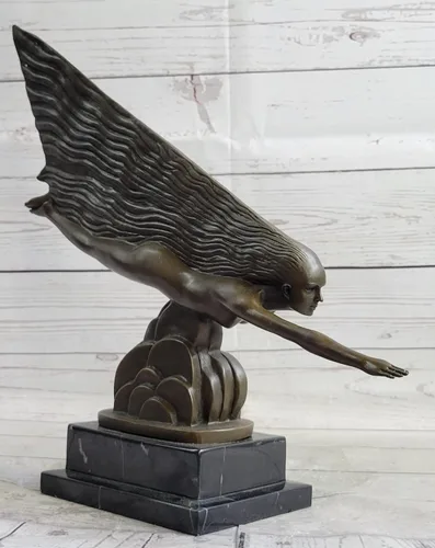 Vista 4 de EUROPEAN BRONZE Sign Riviere Nude Swim Girl - Escultura de bronce Art Deco para niña, regalo decorativo, regalo