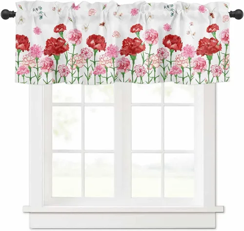 Vista 10 de Cenefa floral para ventanas, cortinas de clavel rojo y rosa, cenefas con bolsillo para barra, cenefa de ventana para primavera, vacaciones, día
