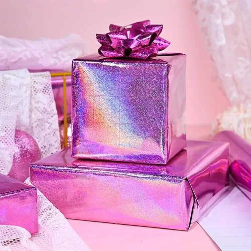 Vista 6 de Homeral Rollo de papel de regalo rosa holográfico con galaxia rosa brillante para cumpleaños, baby shower, despedida de soltera, boda, día