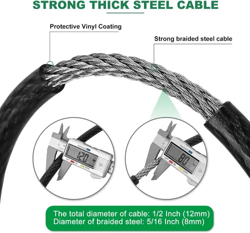Vista 2 de Cable de seguridad de servicio pesado resistente a cortes de 7 pies x 1/2 pulgada Acero trenzado flexible recubierto de vinilo con extremos