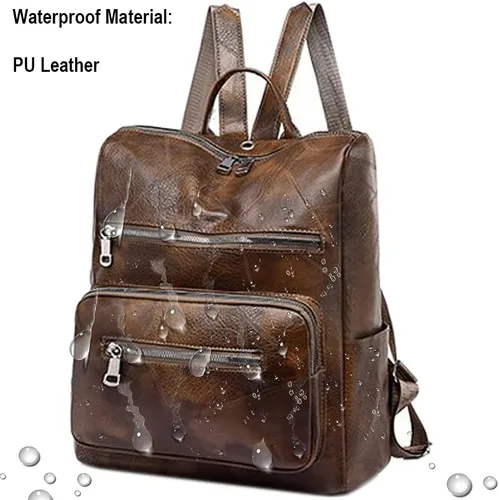 Vista 5 de Mochila para mujer, bolso de viaje de moda multiusos de cuero de la PU retro, Mochilas Daypack, M, Marrón