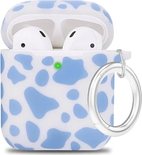 Vista 14 de LitoDream - Funda de silicona suave y flexible con llavero para Apple AirPods 2 y 1, para niñas (vaca; blanco con cactus)