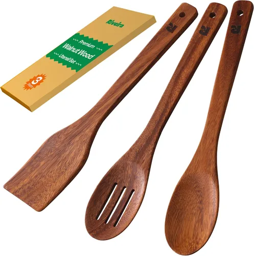Vista 11 de Riveira Cucharas de madera de bambú para cocinar, 3 piezas, espátula de madera esencial para apartamento, cuchara antiadherente, juego de utensilios