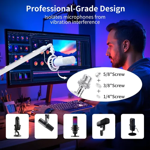 Vista 3 de Soporte de micrófono giratorio de 360°, brazo de micrófono, brazo de micrófono de perfil bajo, compatible con tornillo de 3/8 pulgadas, 5/8 pulgadas