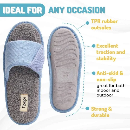 Vista 4 de Floopi Pantuflas de verano suaves con punta abierta para mujer con espuma viscoelástica, correa de punto acento, plantilla de rizo suave, suela
