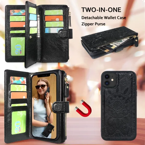 Vista 3 de Harryshell Cartera con cremallera magnética desmontable Funda de cuero con bolsillo para efectivo con ranuras para tarjetas, correa de muñeca