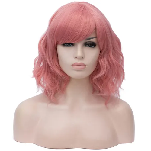 Vista 28 de BUFASHION Peluca rizada corta ondulada de 14 pulgadas para mujer, peluca sintética para cosplay, Halloween, peluca con flequillo lateral (negro)